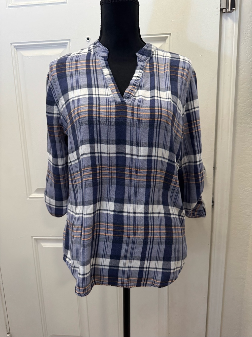 Canyon River Blues Navy and White Plaid Split-Neck Tunic 0251
